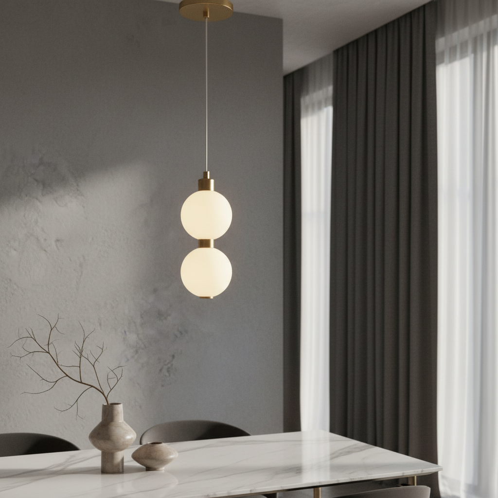 Sere pendant light glowing over modern dining table in stylish living room