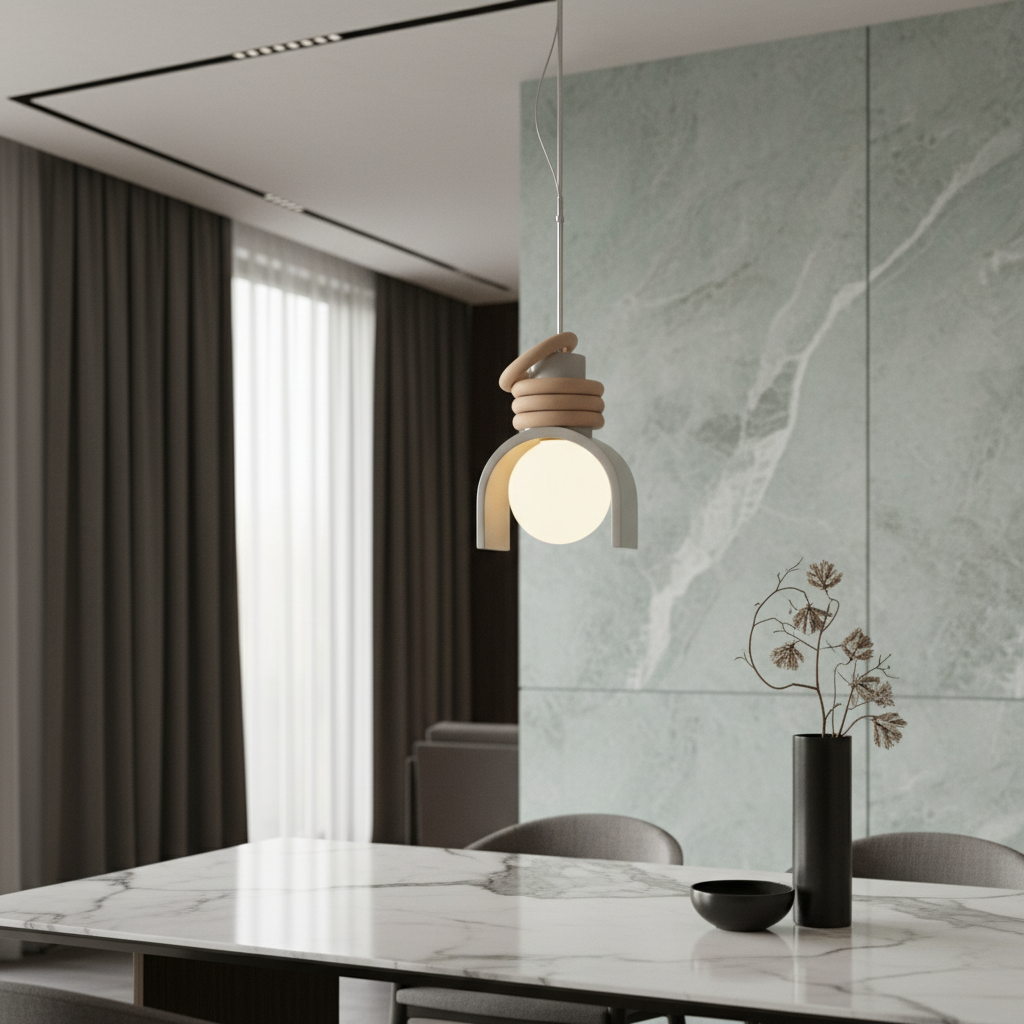 Fornax Dome Pendant Light glowing over a modern dining table in an eclectic living room