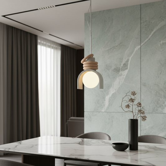 Fornax Dome Pendant Light glowing over a modern dining table in an eclectic living room