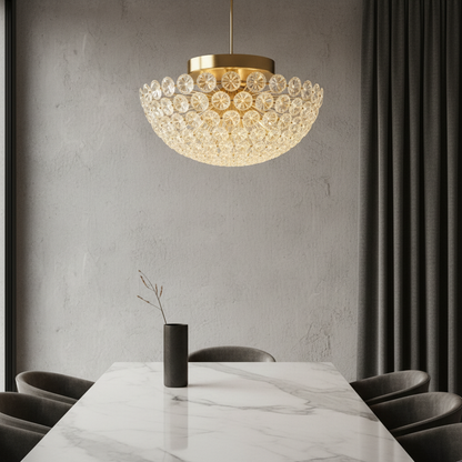 Vine ceiling light with crystal accents glowing in modern living room