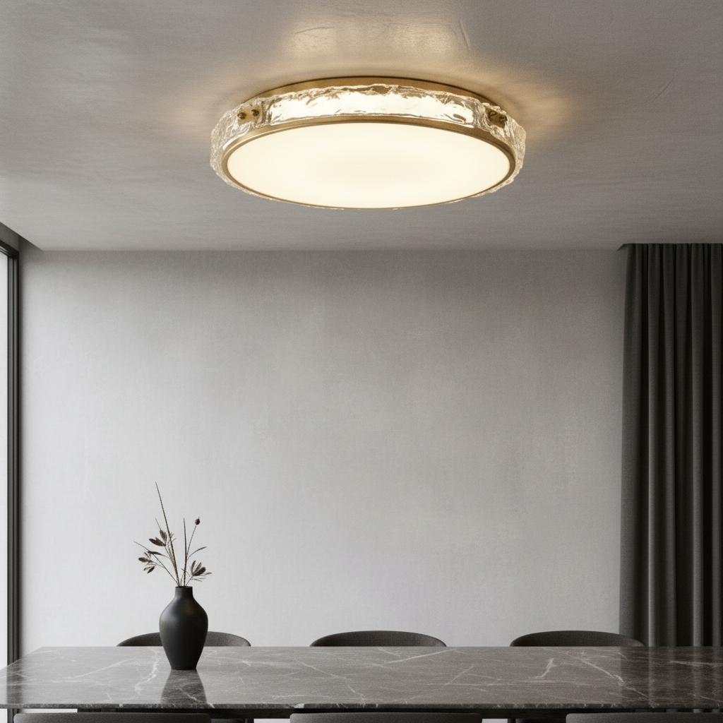 Eudora copper and glass ceiling light glowing in modern living room