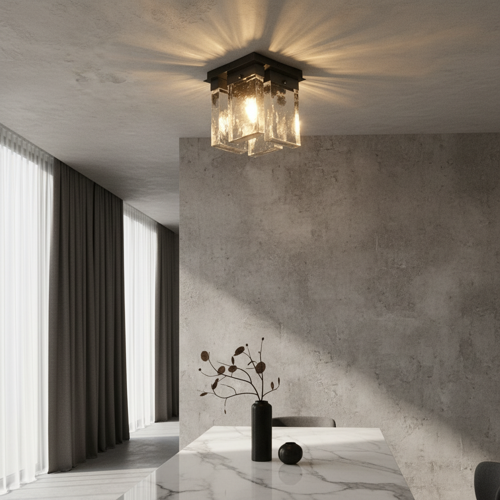 Zephyr Indian Red ceiling light glowing in modern living room with geometric glass panels