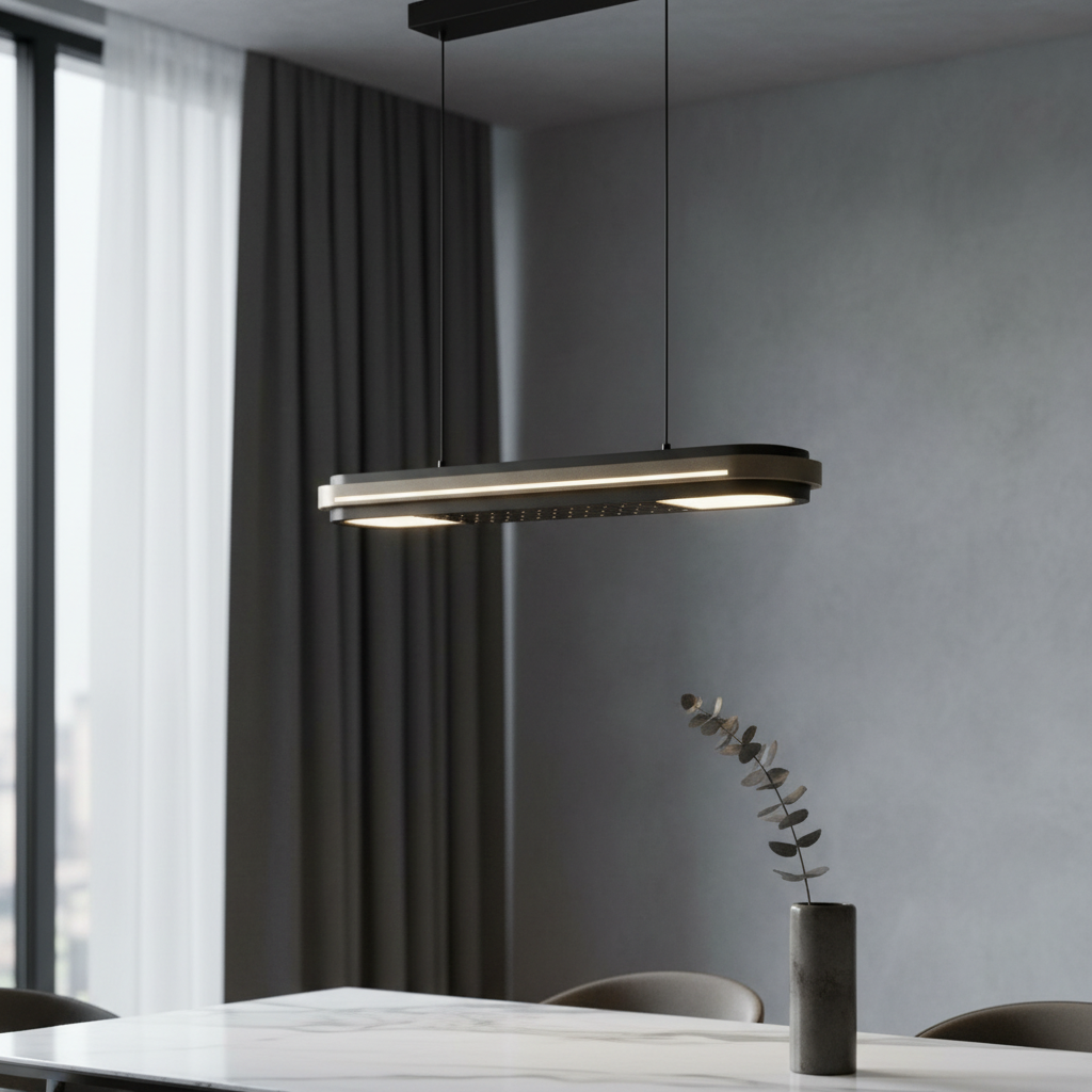 Nebulous Bravura pendant light glowing over modern dining table in minimalist living room