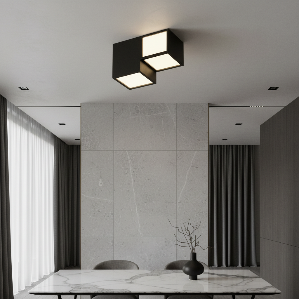 modern Zelator ceiling light illuminating a cozy living room with warm ambient glow