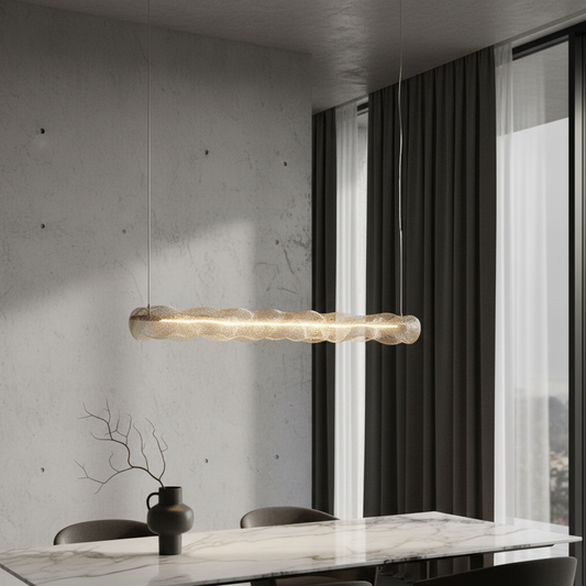 Xylol copper and glass pendant light in modern living room with warm ambient glow