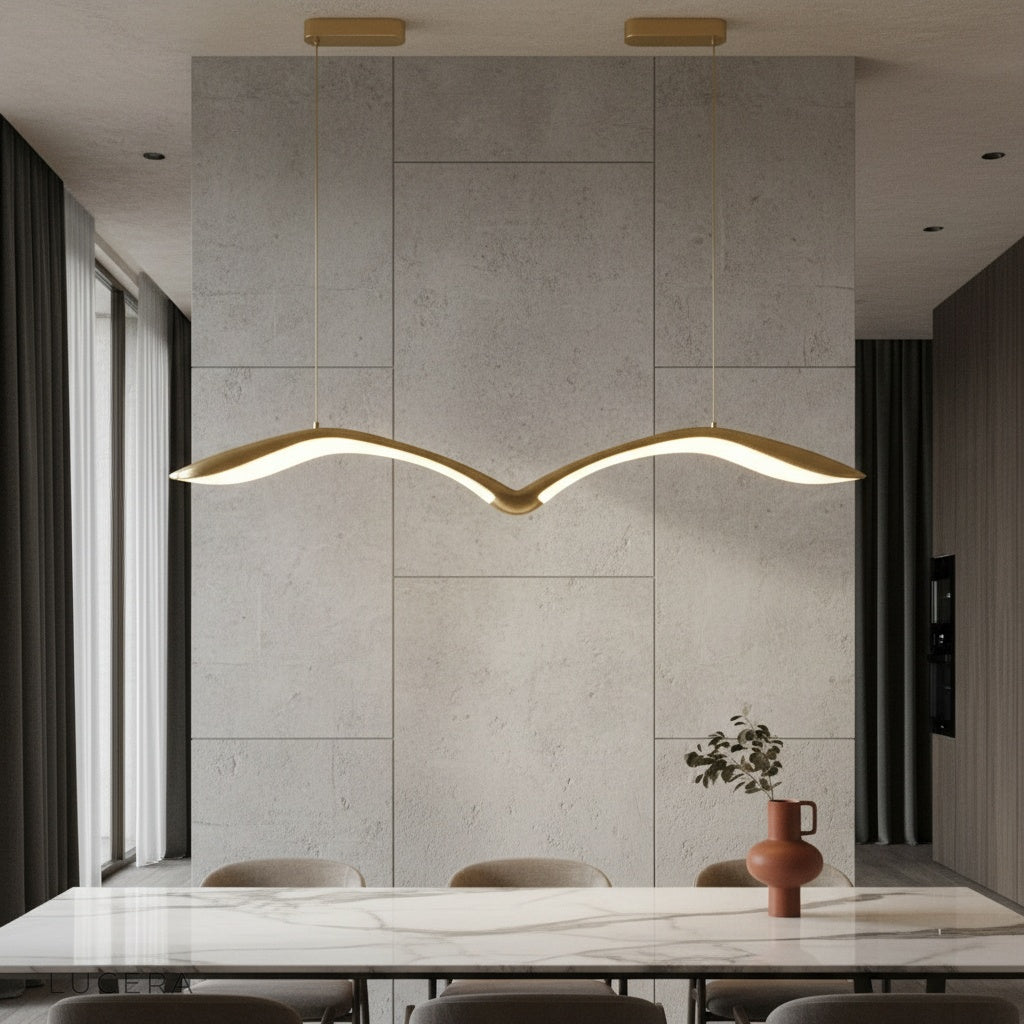 modern Layer Linear Chandelier glowing above a dining table in a bright living room