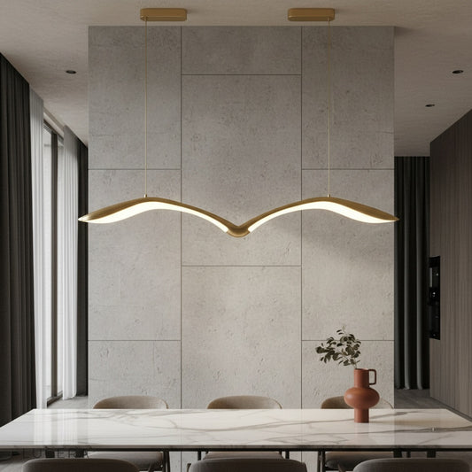 modern Layer Linear Chandelier glowing above a dining table in a bright living room