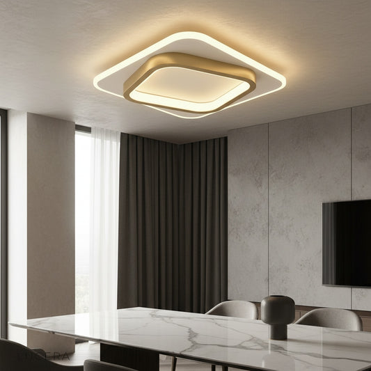 Ursa Ceiling Light black and gold square fixture illuminating modern living room