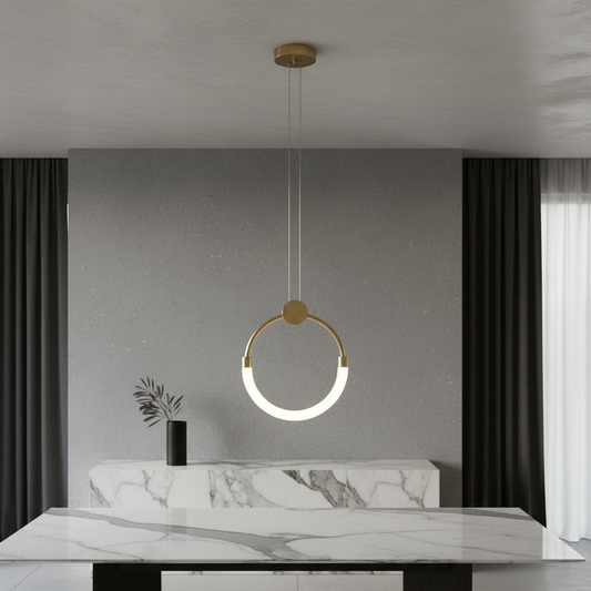 modern xenotime pendant light with metal arc and acrylic diffuser in stylish living room