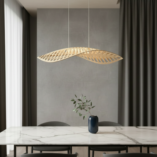 Summit pendant light with leaf-like wood and metal silhouette in bright modern living room