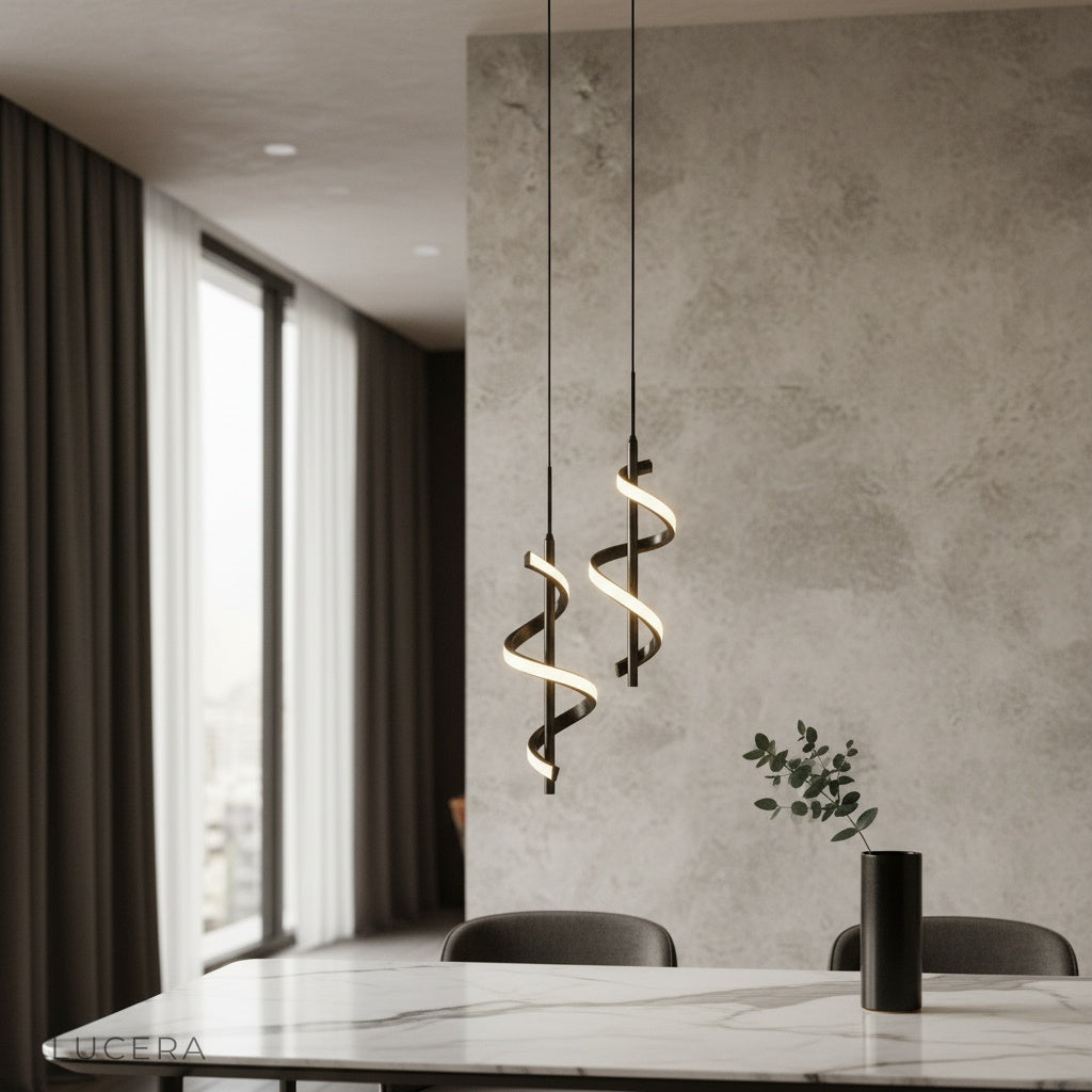modern spiral pendant light illuminating contemporary living room