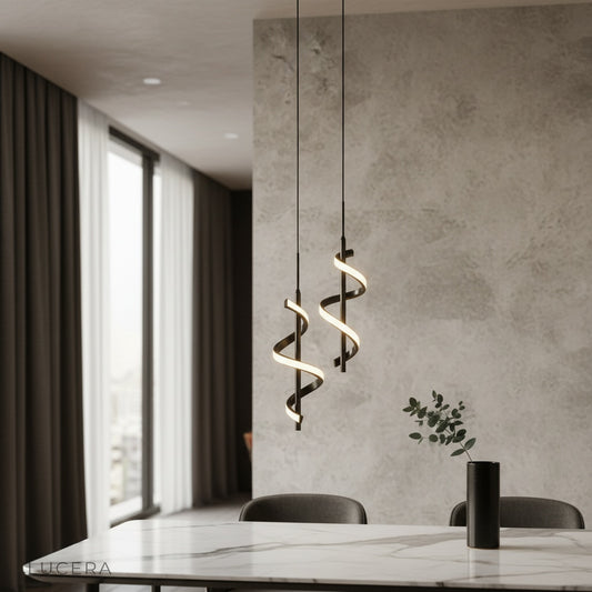 modern spiral pendant light illuminating contemporary living room