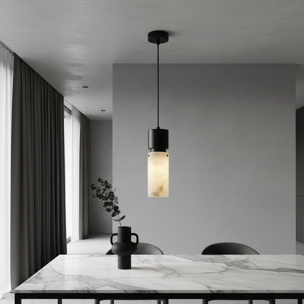 Hematite pendant light with alabaster cylinder shade glowing warmly above a modern bedside table in a cozy bedroom