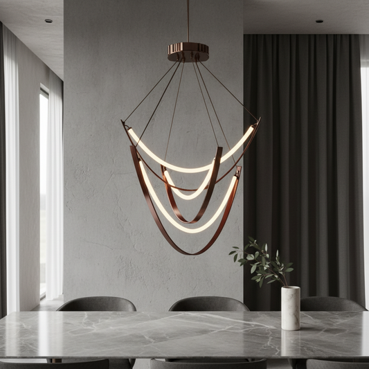 Oceanus chandelier with cascading glass arcs and leather straps illuminating a contemporary dining room