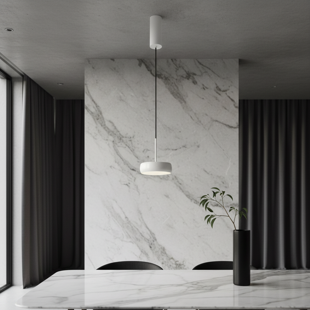 Zinfandel pendant light glowing over a modern kitchen island with bar stools