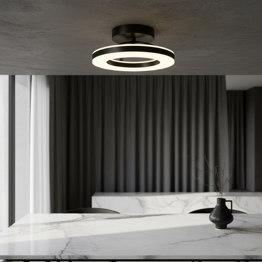 Ziggurat ceiling light illuminating a modern living room with warm ambient glow
