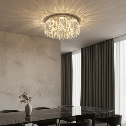 Emeraldine ceiling light with crystal bars illuminating an elegant hallway with old Hollywood glamour