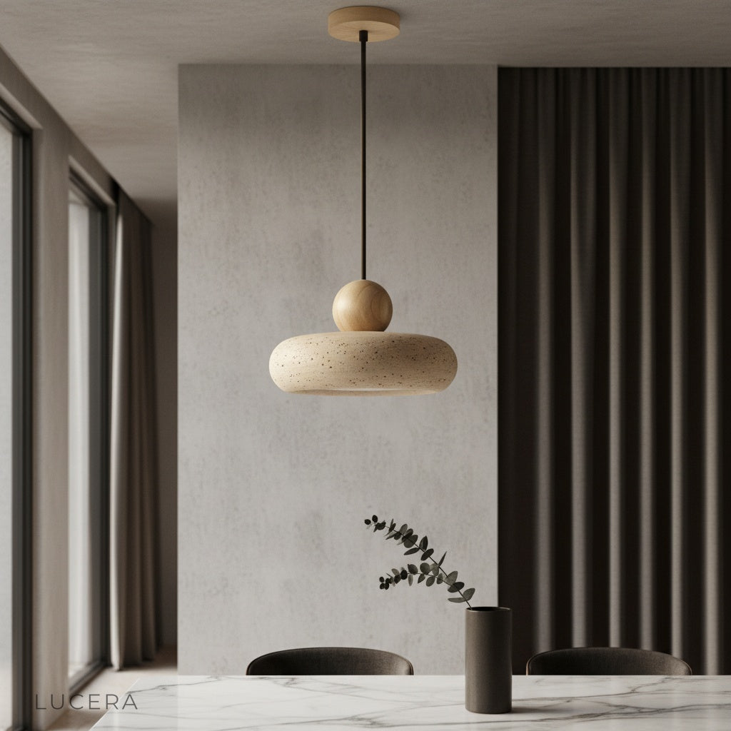 Mensa Pendant Light over dining table with travertine and wood accents