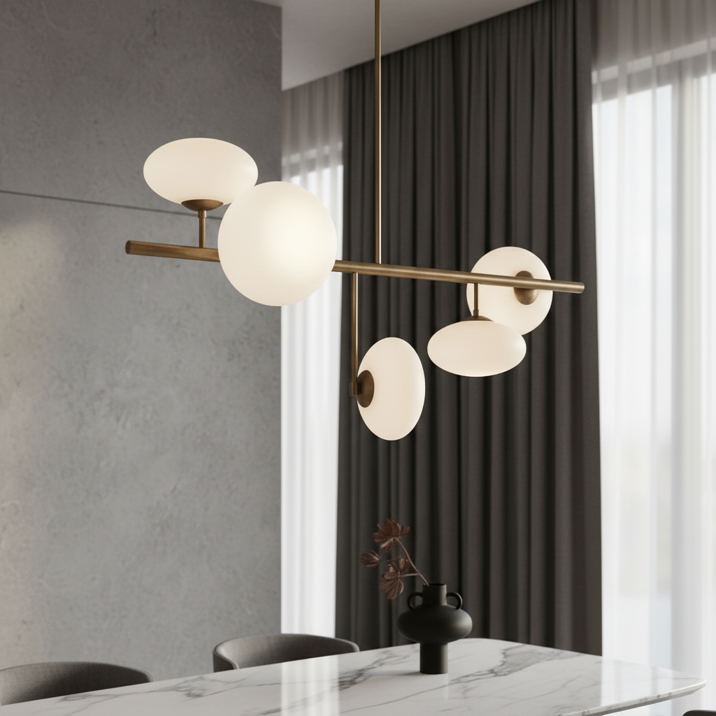 Naples Yellow Chandelier in elegant living room with brass and opal glass shades