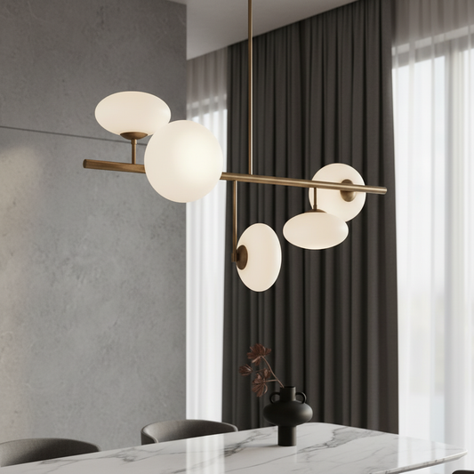 Naples Yellow Chandelier in elegant living room with brass and opal glass shades