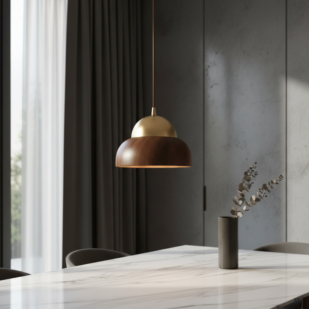Ultimo wood pendant light with copper top glowing over a modern dining table