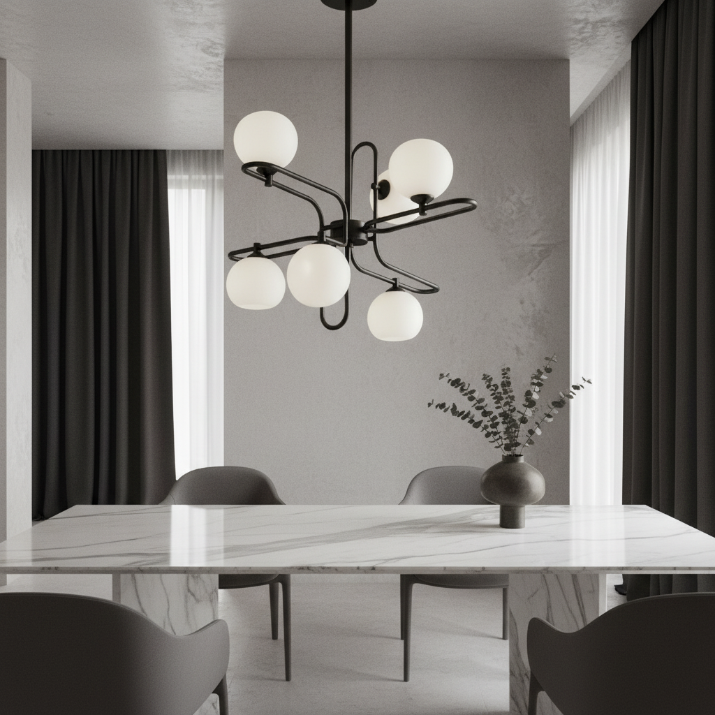 modern copper chandelier with glass spheres illuminating living room
