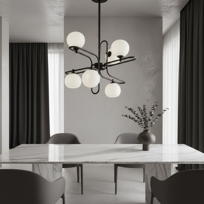modern copper chandelier with glass spheres illuminating living room
