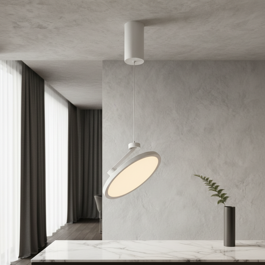 modern wulfenite pendant light illuminating contemporary living room with circular LED panel