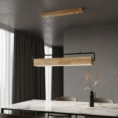 Bravura pendant light with wooden frame and black iron hanging over modern dining table