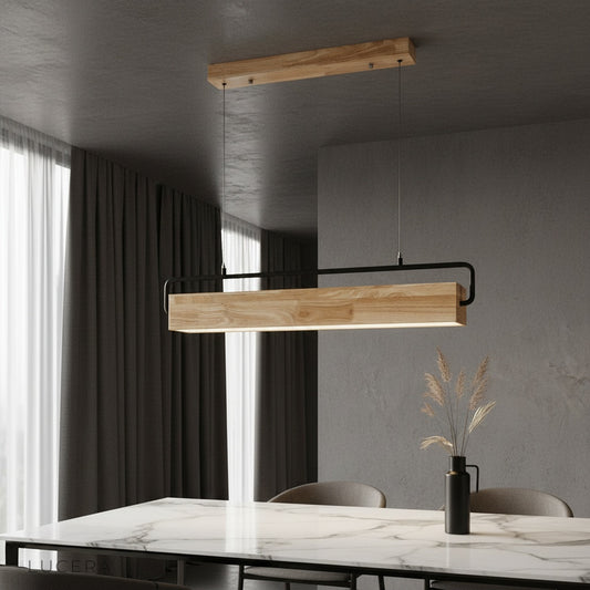 Bravura pendant light with wooden frame and black iron hanging over modern dining table