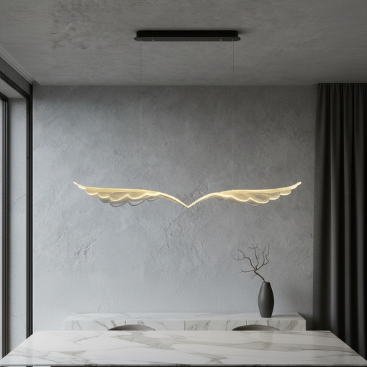 Twilight Wing Chandelier glowing warmly in a modern living room with high ceilings