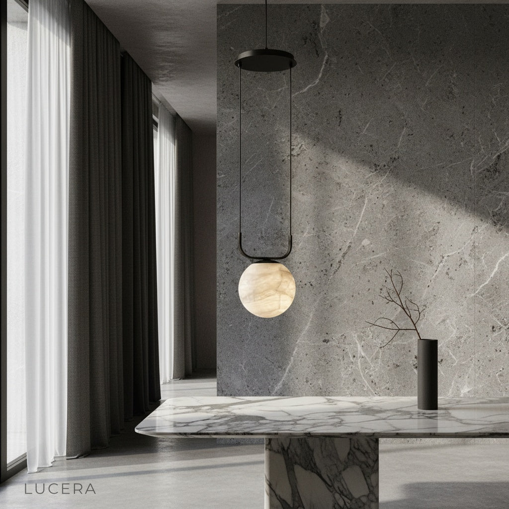 Bibelot pendant lamp glowing over modern dining table with alabaster shade