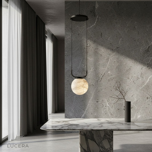 Bibelot pendant lamp glowing over modern dining table with alabaster shade