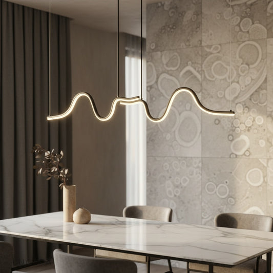 Jovial pendant light hanging above a modern dining table in a bright living room