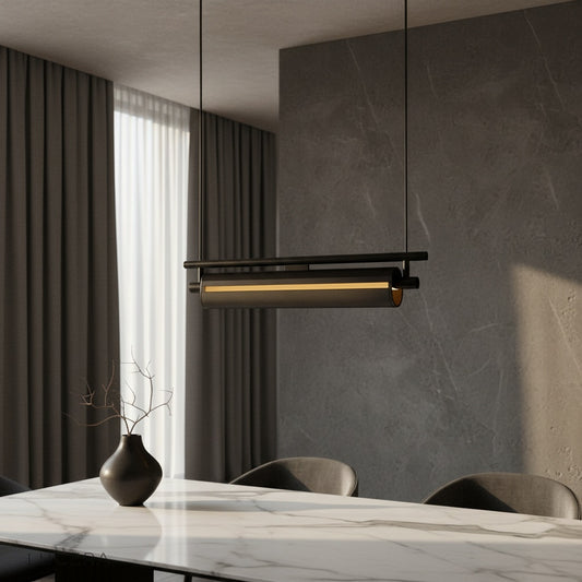 modern linear LED pendant light illuminating contemporary living room