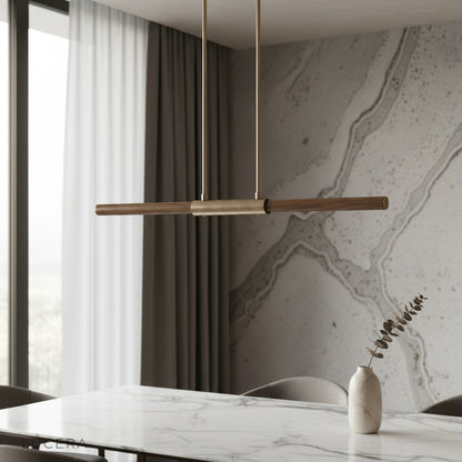 Griselda pendant light with copper and wood shades illuminating a modern dining room