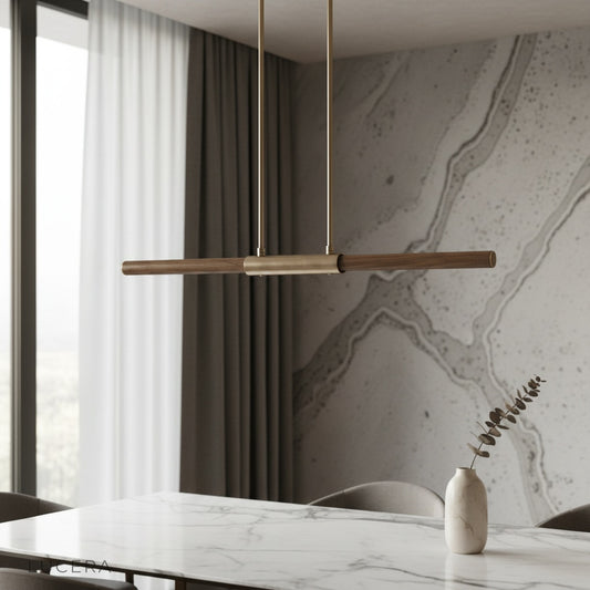 Griselda pendant light with copper and wood shades illuminating a modern dining room