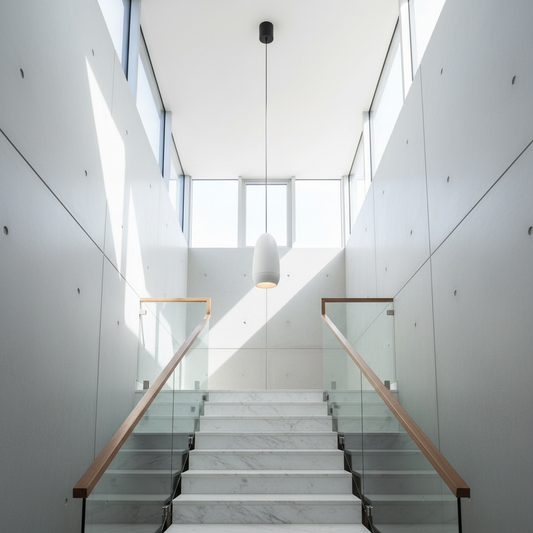 modern capsule pendant lights cascading over a contemporary stairwell
