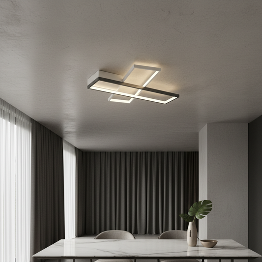 Vincentian ceiling light glowing in modern living room with intersecting rectangular frame