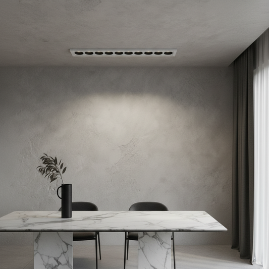 Knoll adjustable downlight recessed in modern living room ceiling with warm ambient light