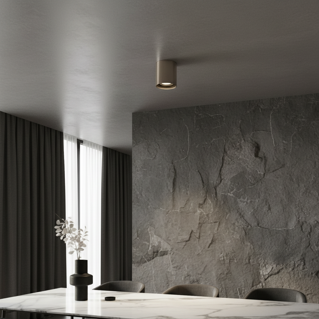 modern living room with xenolith trimless downlight glowing in white ceiling