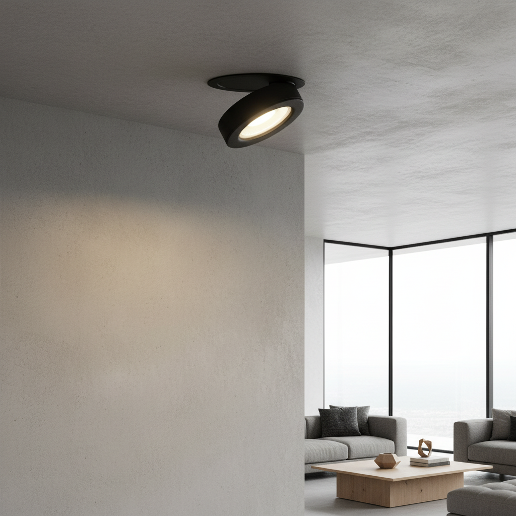 Comet Downlight industrial aluminum spotlight illuminating modern living room