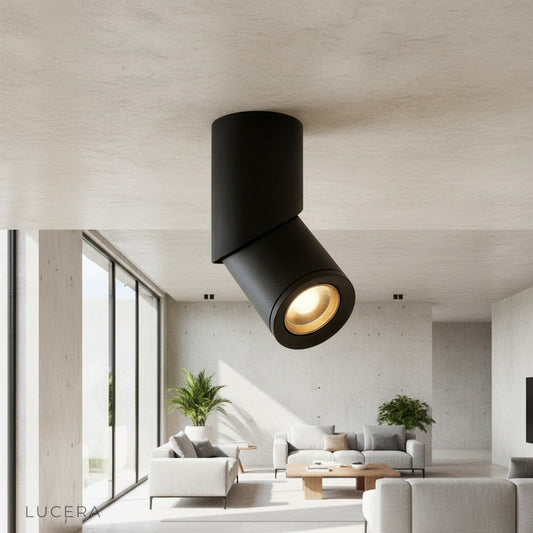 modern black LED downlight recessed in white ceiling