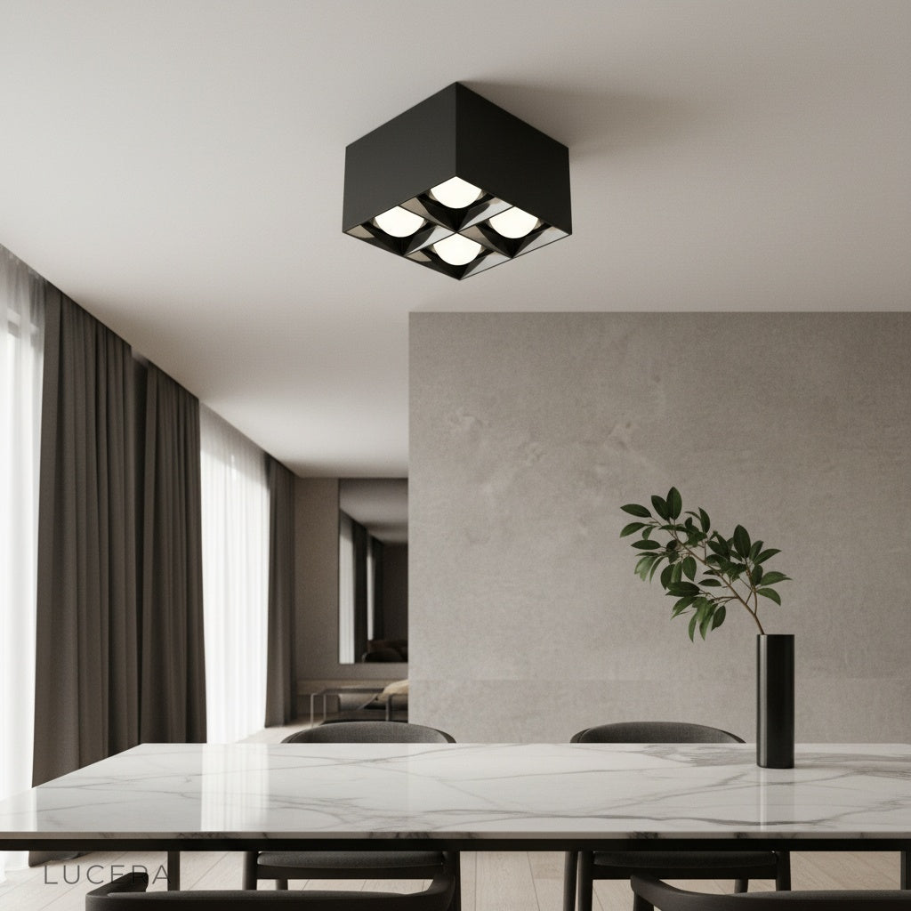 modern cubic LED downlight glowing in contemporary living room setting