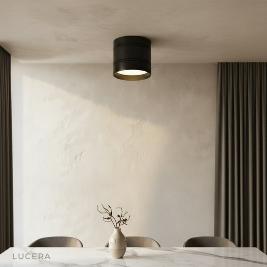 Eave downlight glowing in modern living room with black ceiling accent