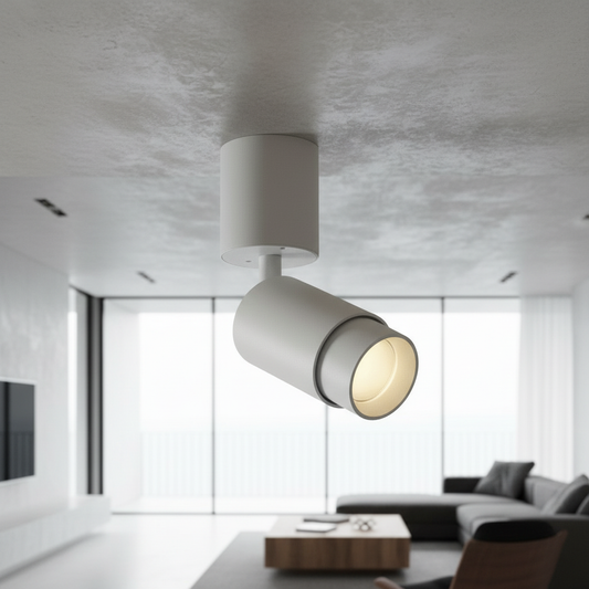 modern LED downlight glowing in contemporary living room with warm ambient lighting