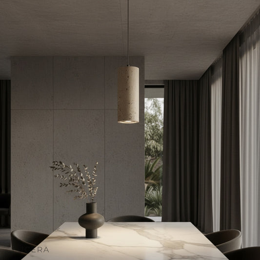 natural travertine Kymation downlight glowing softly above modern hallway console