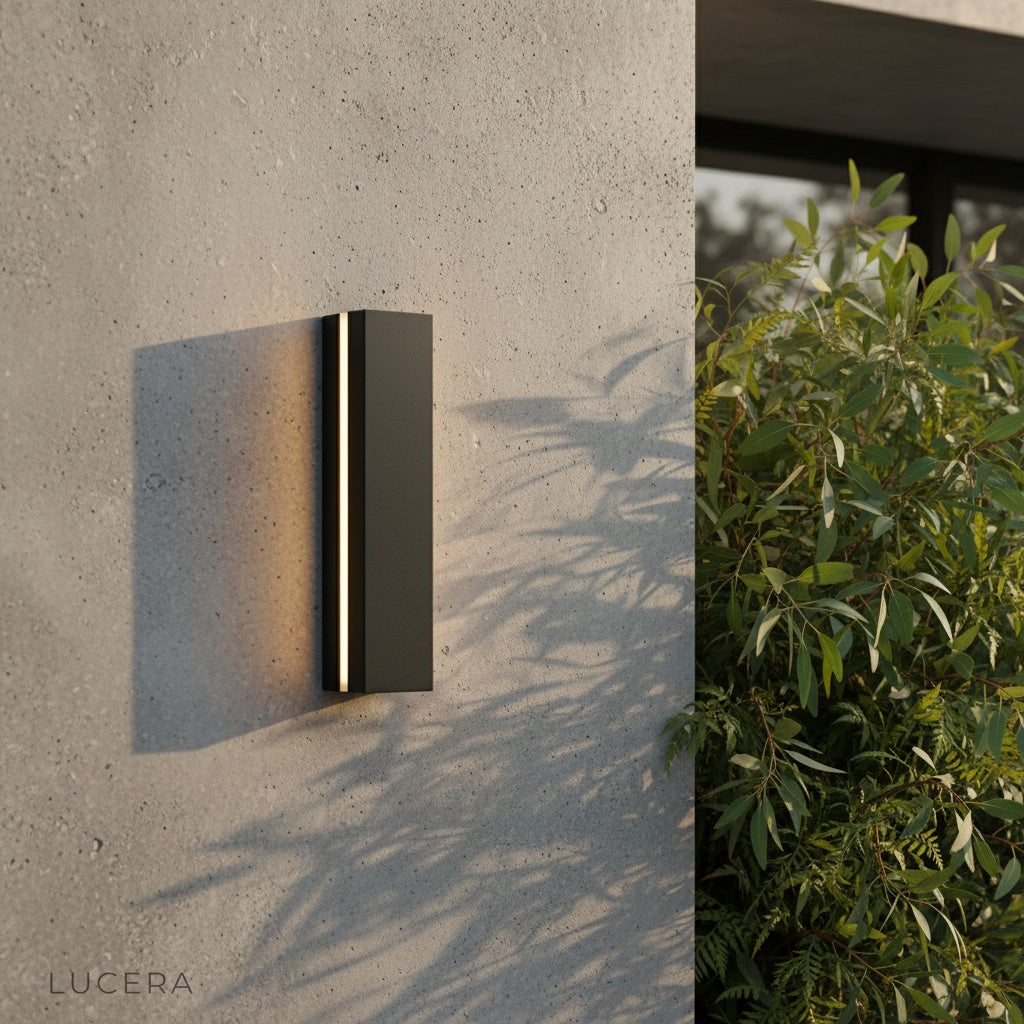 Krems White outdoor LED wall lamp illuminating a modern patio wall at dusk