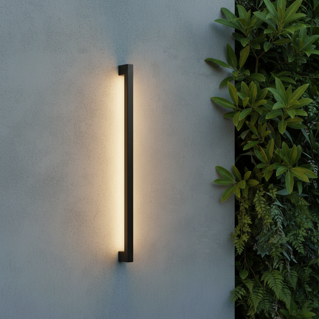 modern indigo outdoor wall lamp glowing on contemporary patio at dusk