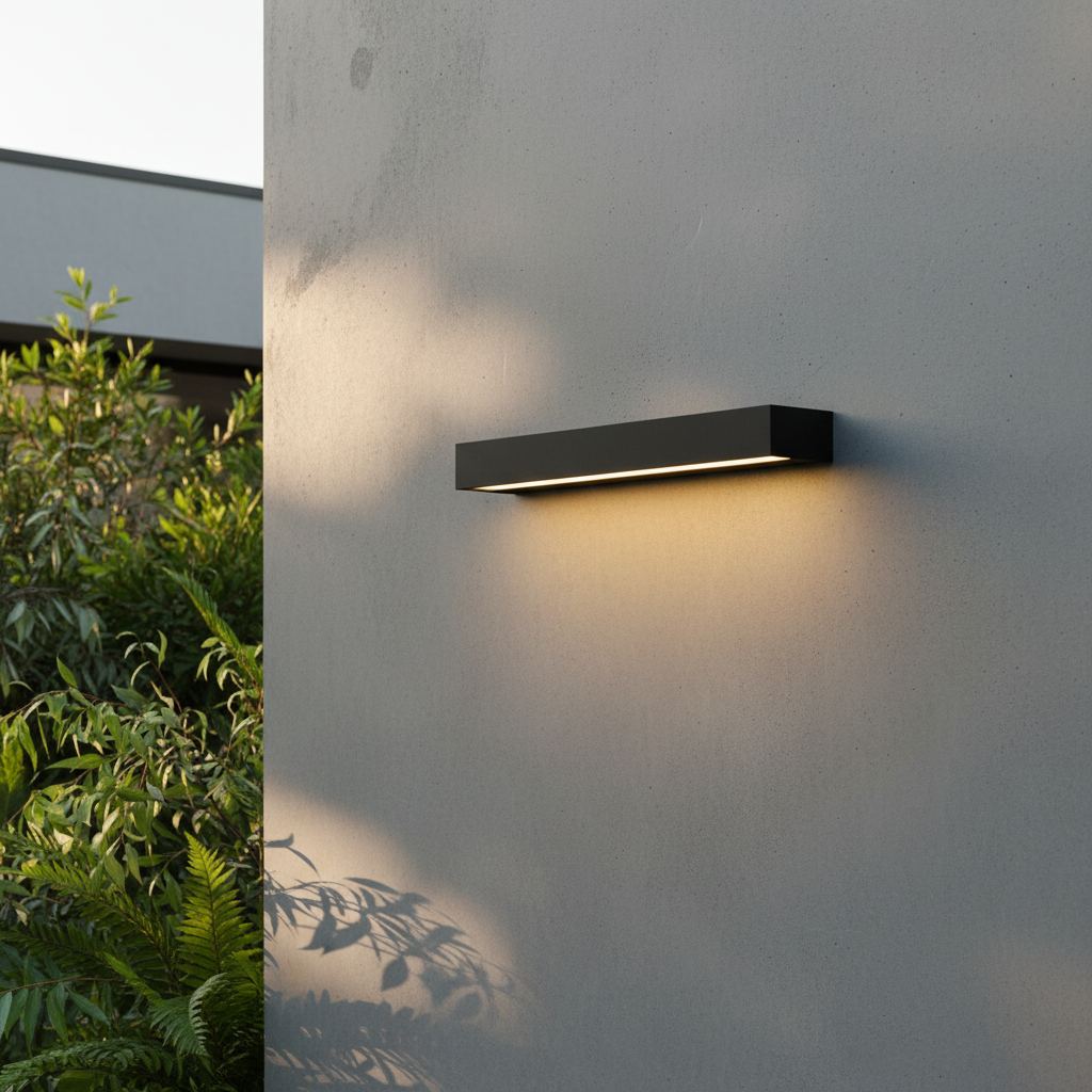 Goccia wall lamp glowing warmly on a modern porch at dusk, surrounded by soft greenery